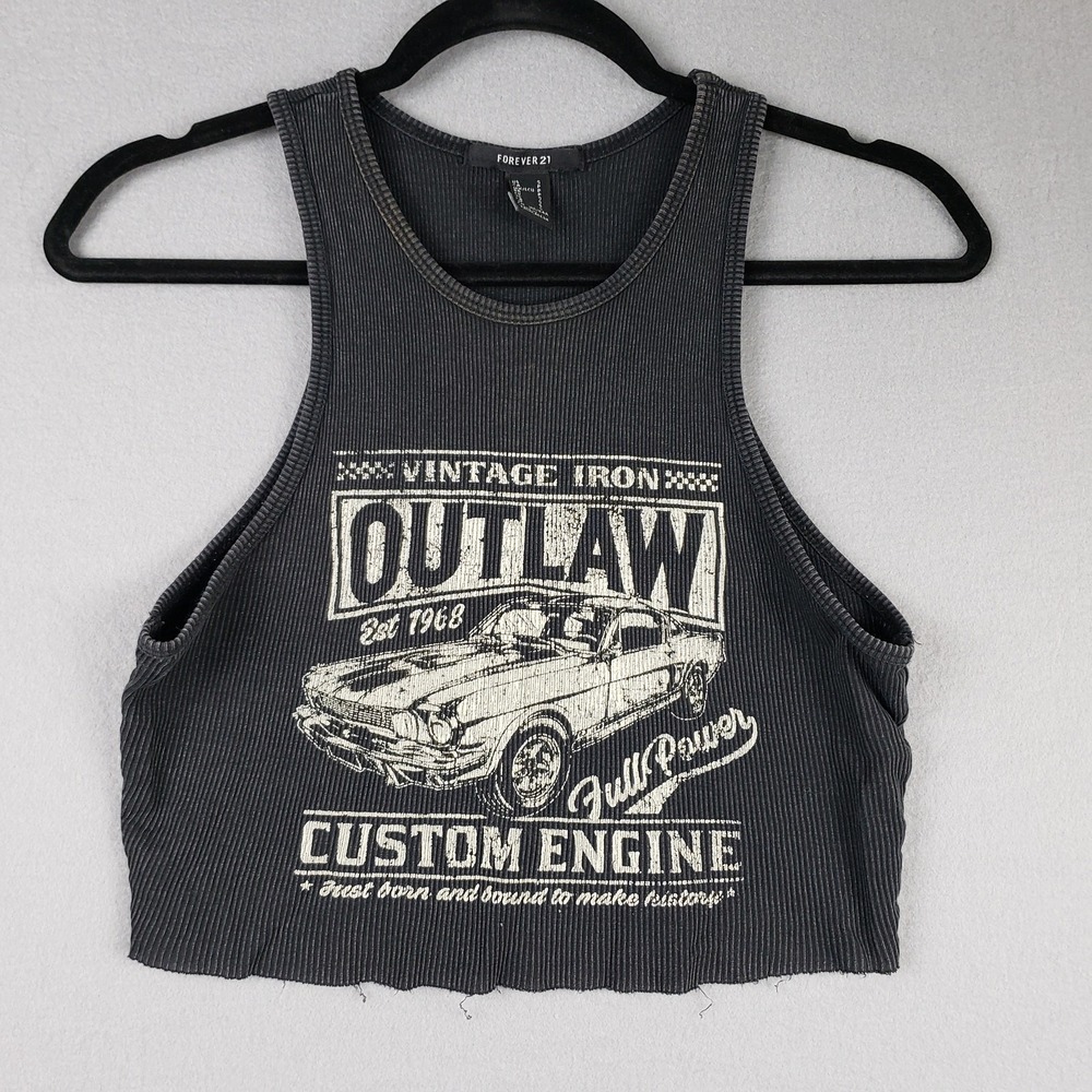Outlaw Moto Ribbed Muscle Tank Black Crop Motocore Grunge Baddie Streetwear Sz S